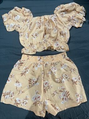 Peach Floral Two-Piece Crop Top & Shorts Set